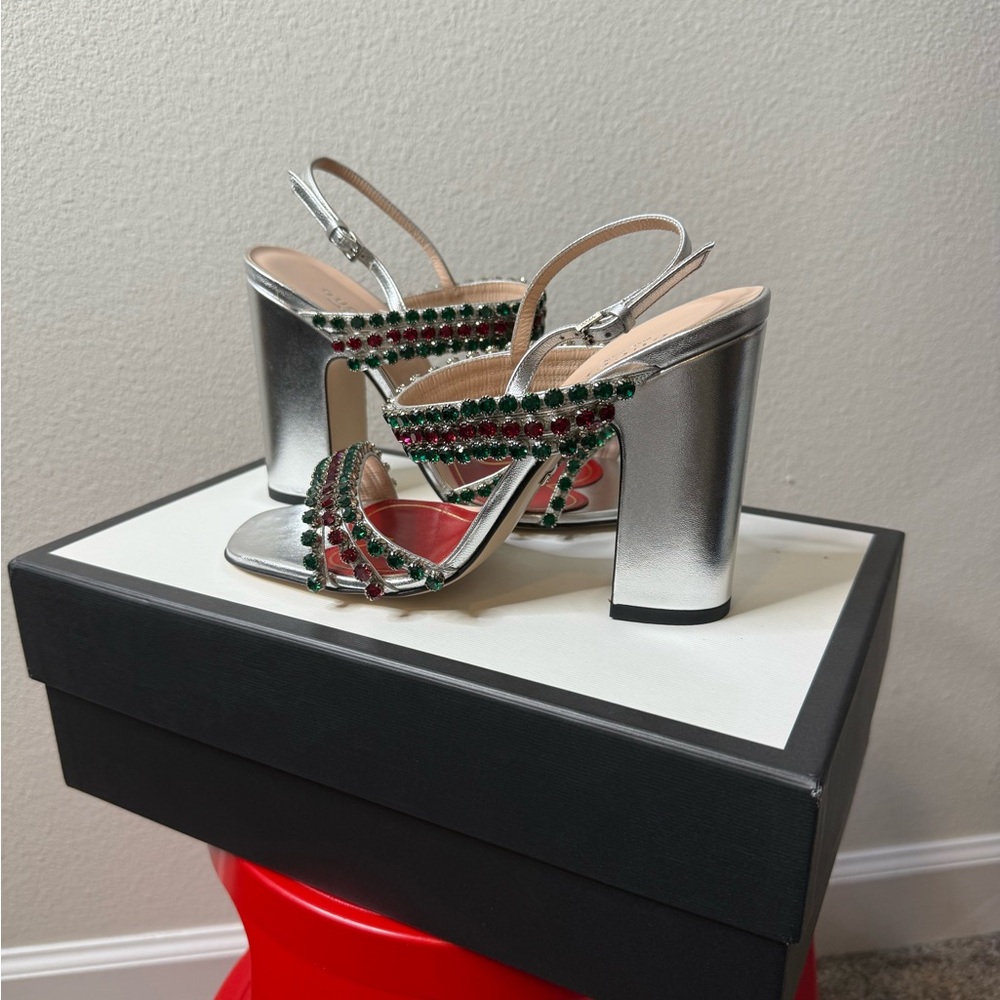 Gucci Silver Bertie Sandals With Red & Green Crystals
